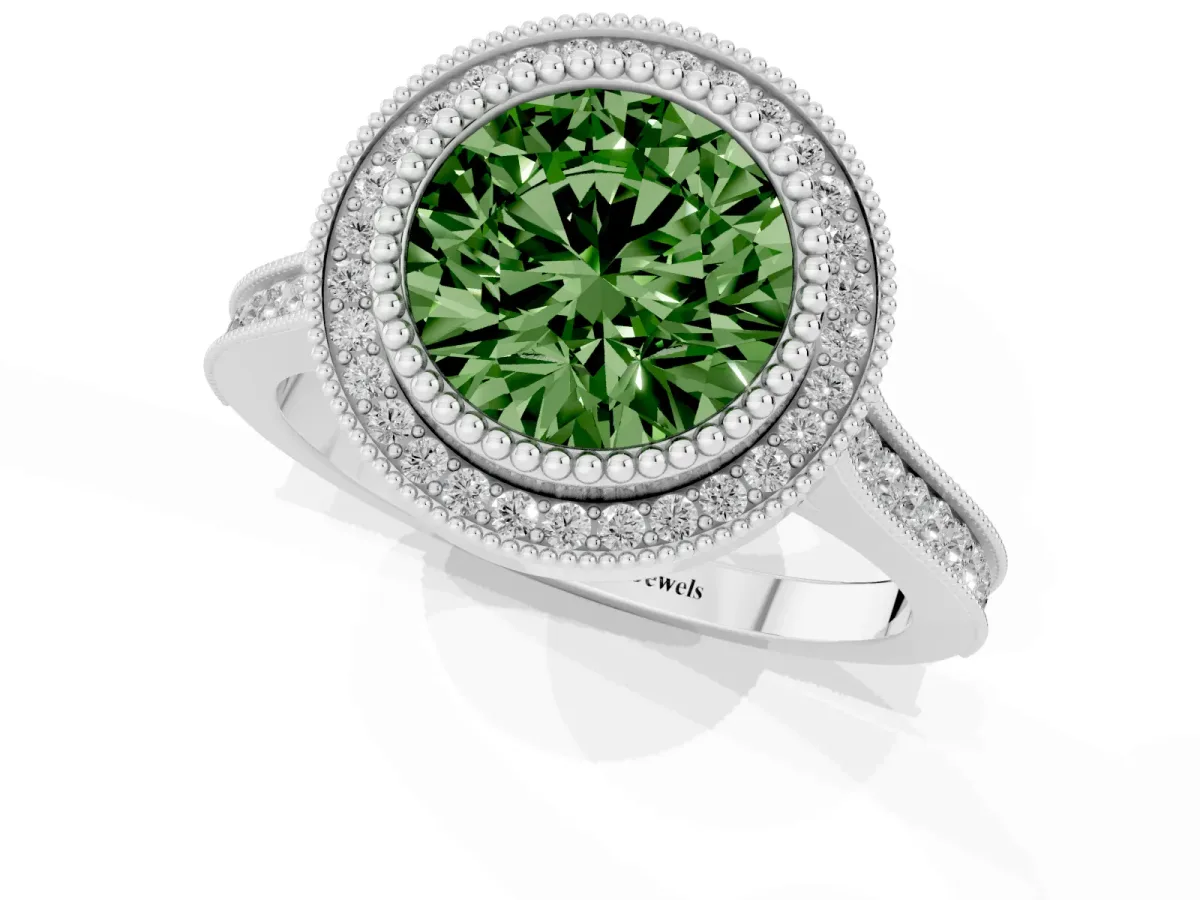 Fancy Green Round Cut Diamond Halo Ring with Milgrain Frame and Pavé Band Platinum