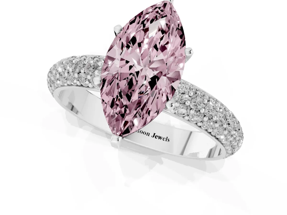 Fancy Pink Marquise Cut Diamond Solitaire Ring with Prong Setting and Pavé Band Silver