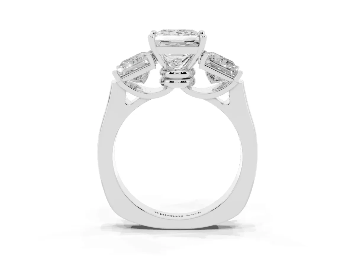 Three-Stone Princess Cut Brilliant Diamond Trellis Ring with Comfort Fit Band White gold