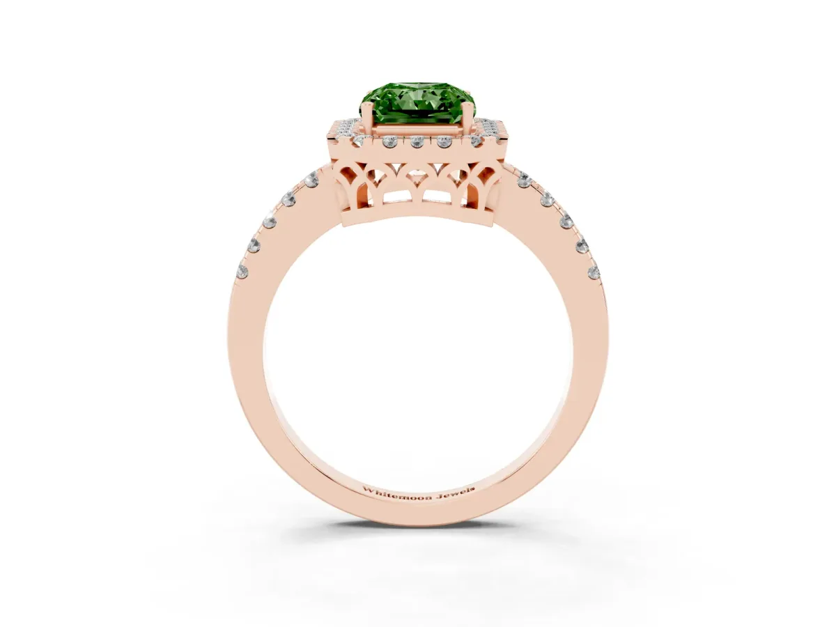 Fancy Green Radiant Cut Halo Diamond Engagement Ring with Pavé Band and Four-Prong Setting Rose gold