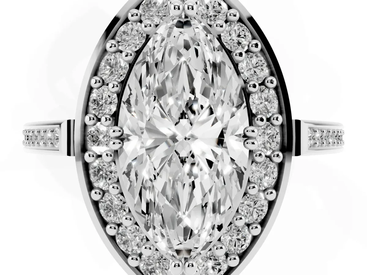 Marquise Cut Diamond Halo Ring with Split Shank and Four-Prong Setting Silver