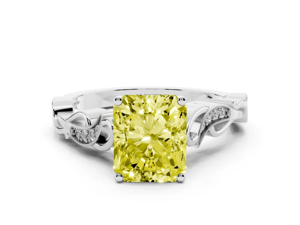 Fancy Yellow Radiant Cut Solitaire Vine Band with Milgrain Prong Setting Silver