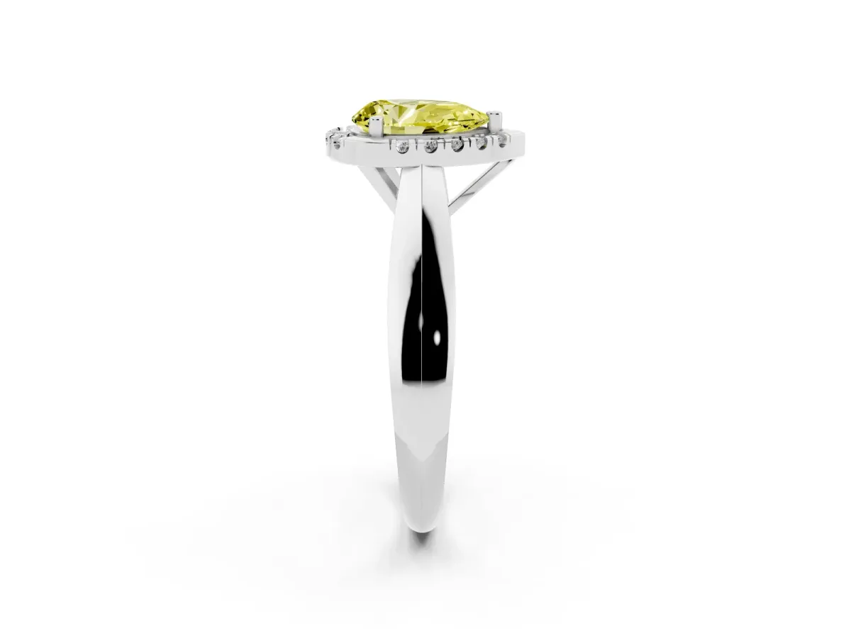 Fancy Yellow Pear Cut Cut Halo Solitaire Engagement Ring with Square Band and Four-Prong Setting White gold