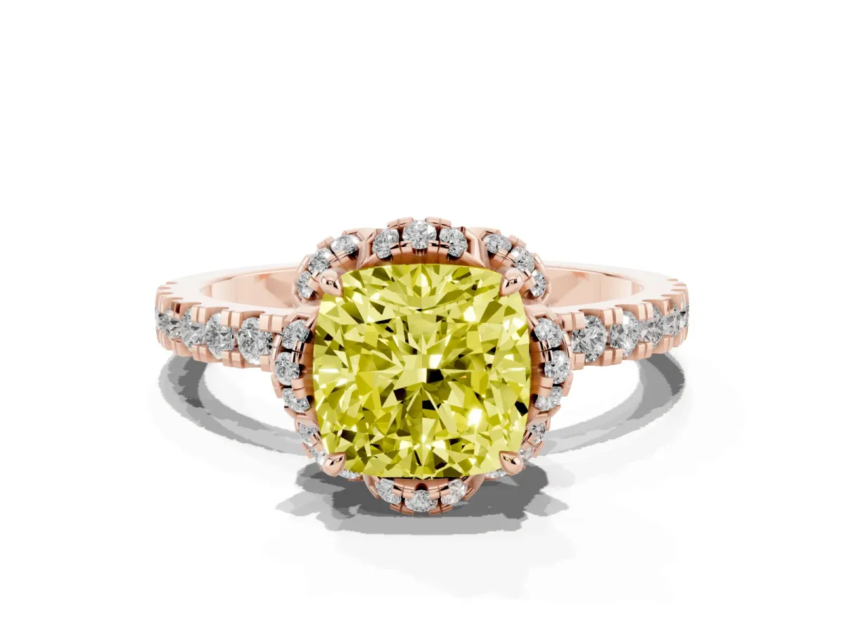 Fancy Yellow Cushion Cut Diamond Halo Pave Band with Four-Prong Setting Rose gold