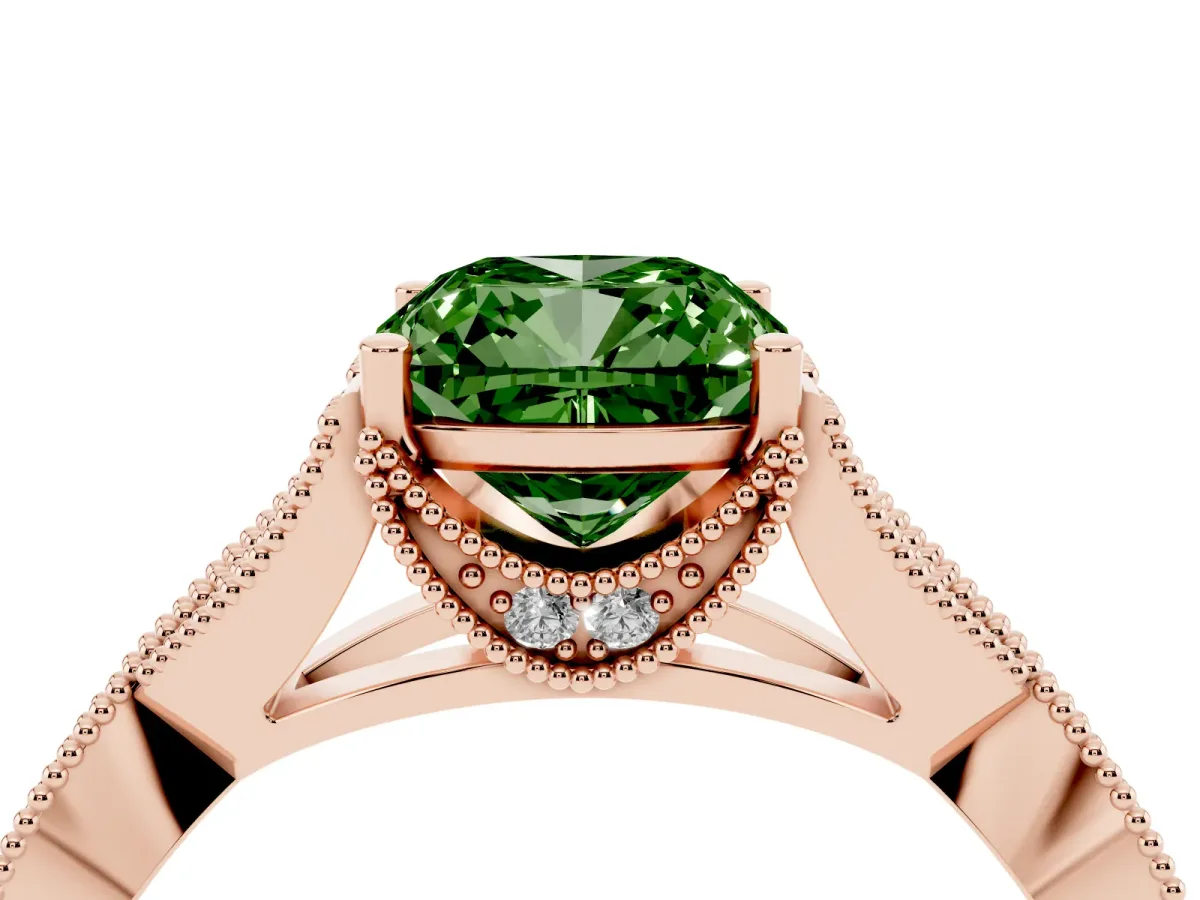 Fancy Green Cushion Cut Cut Diamond Twisted Band with Milgrain Pave Setting and Four-Prong Setting Rose gold