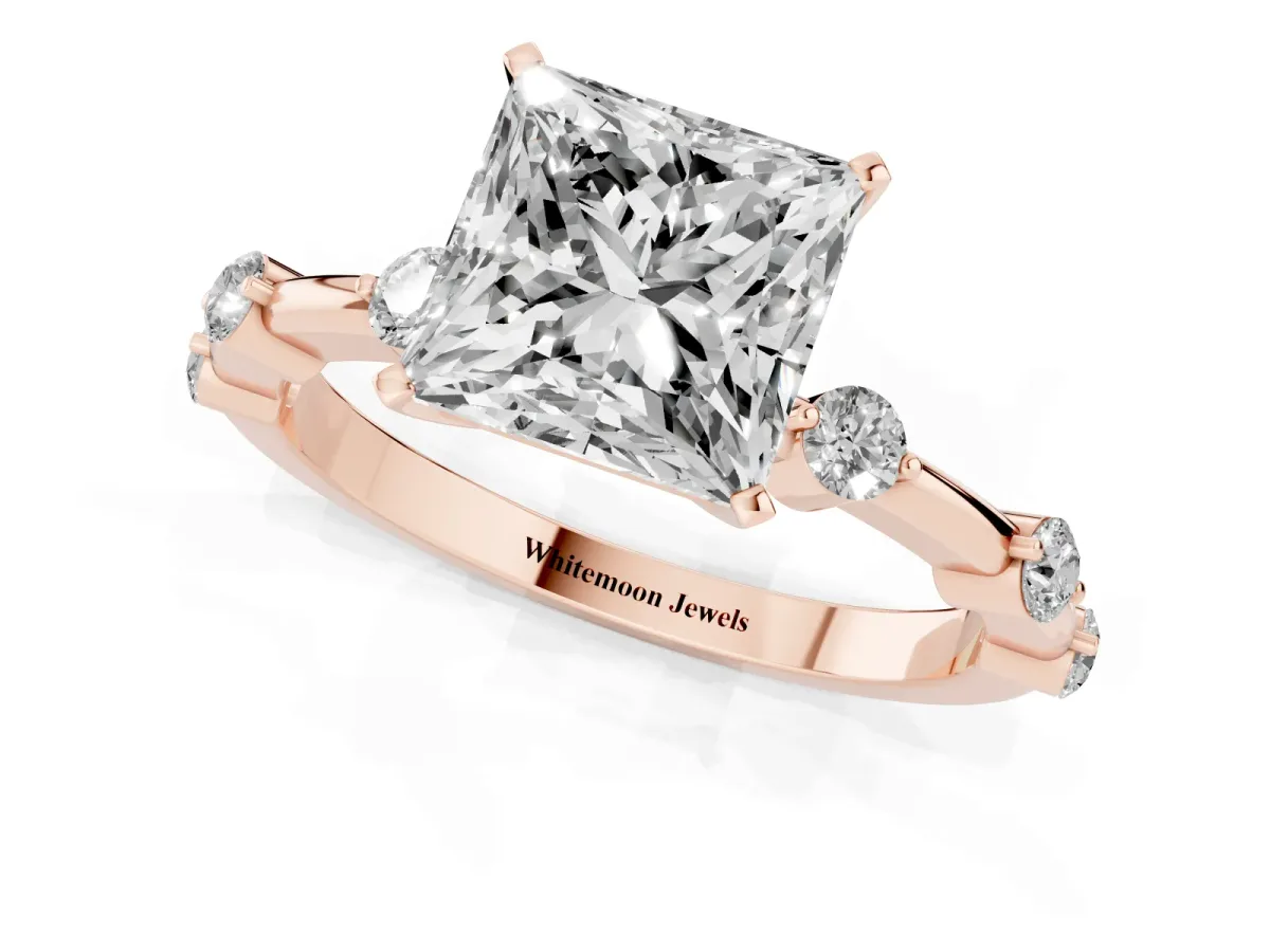 Princess Cut Solitaire Diamond Ring with Bezel Set Side Stones and Prong Setting Rose gold