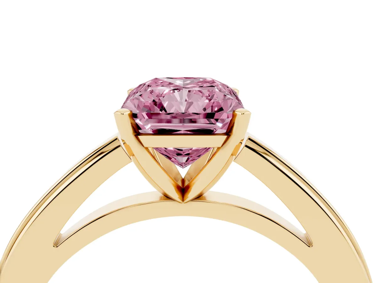 Fancy Pink Radiant Cut Solitaire Diamond Ring with Four-Prong Setting and Classic Band Yellow gold