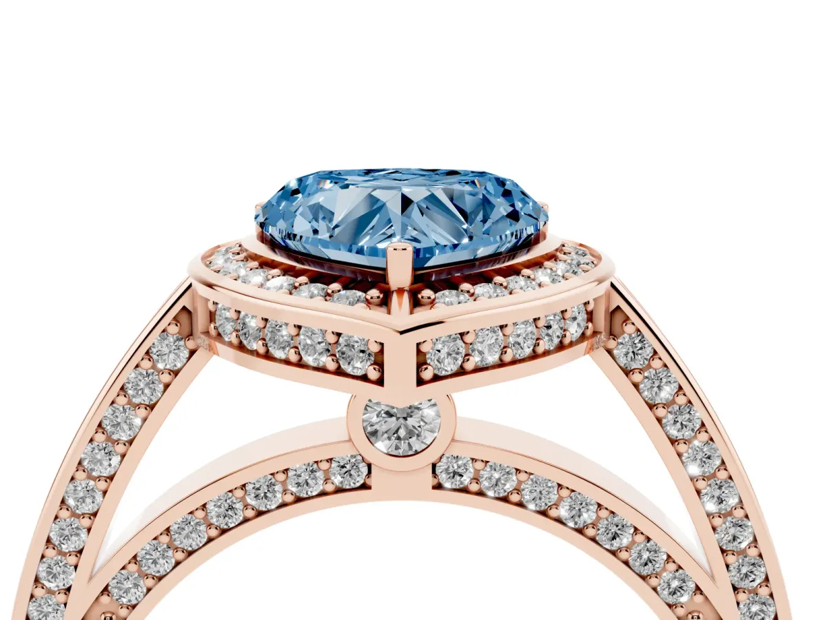 Fancy Blue Heart Cut Cut Halo Pave Split Shank Prong Setting Ring Rose gold