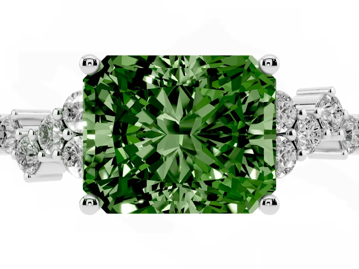 Fancy Green Radiant Cut Diamond Scattered Round Accent Ring with Prong Setting White gold
