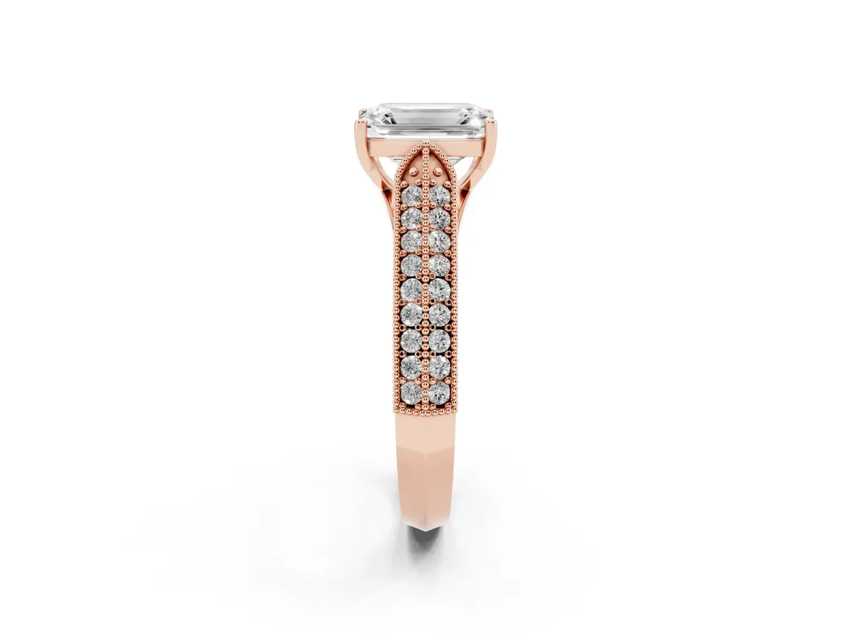 Emerald Cut Cut Pave Split Shank Engagement Ring with Four-Prong Setting Rose gold