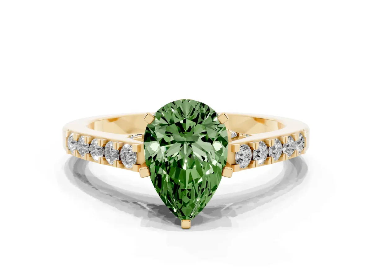 Fancy Green Pear Cut Diamond Solitaire Ring with Crossover Gallery and Round Pavé Band Yellow gold