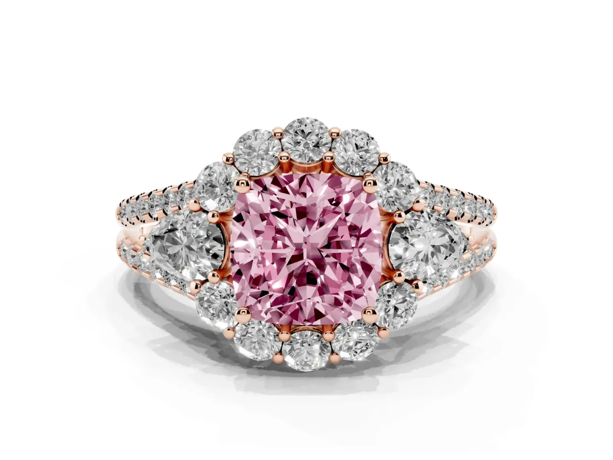 Fancy Pink Cushion Cut Halo Split Shank Diamond Engagement Ring with Prong Setting Rose gold