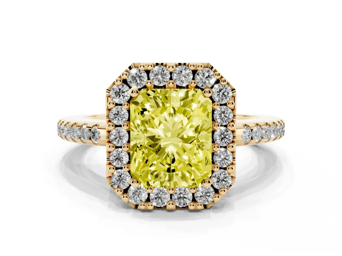 Fancy Yellow Radiant Cut Diamond Pavé Halo Ring with Four-Prong Setting Yellow gold
