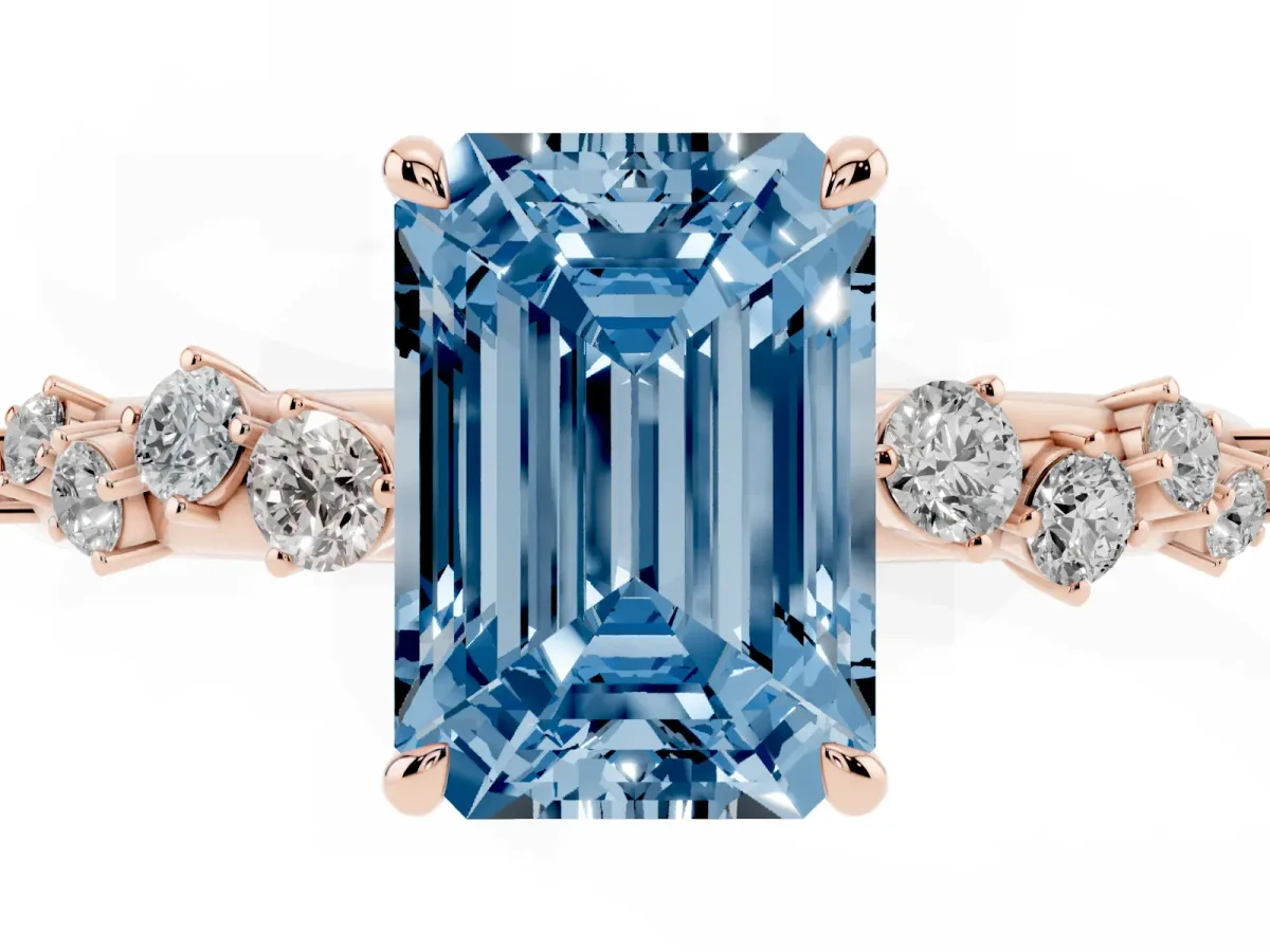 Fancy Blue Emerald Cut Diamond Cluster Prong-Set Solitaire Ring Rose gold