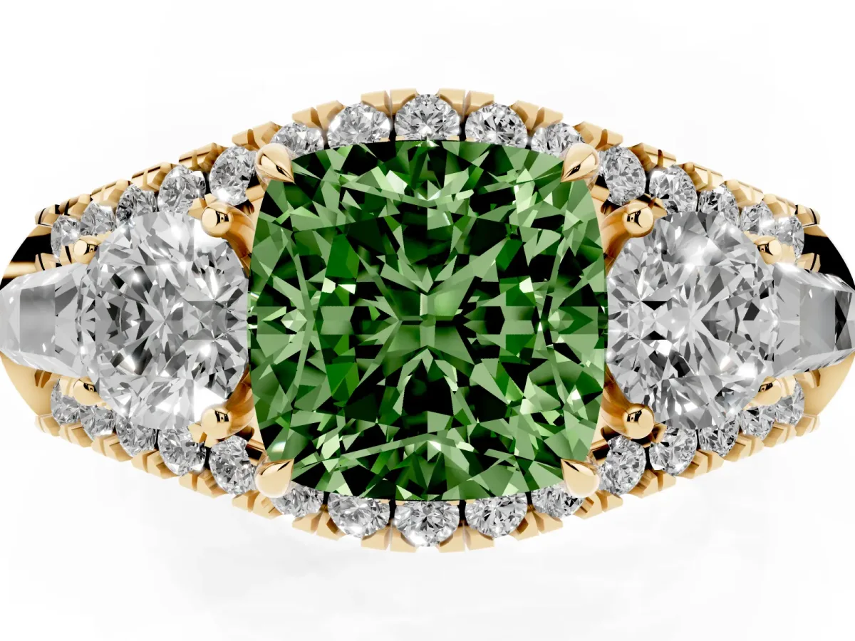 Fancy Green Three-Stone Cushion Cut Diamond Engagement Ring with Pave Band and Prong Setting Yellow gold