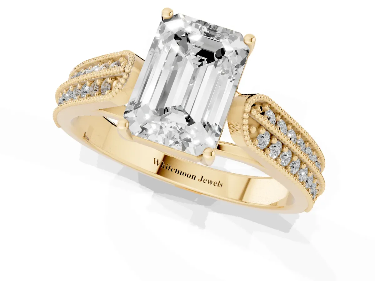 Emerald Cut Cut Pave Split Shank Engagement Ring with Four-Prong Setting Yellow gold