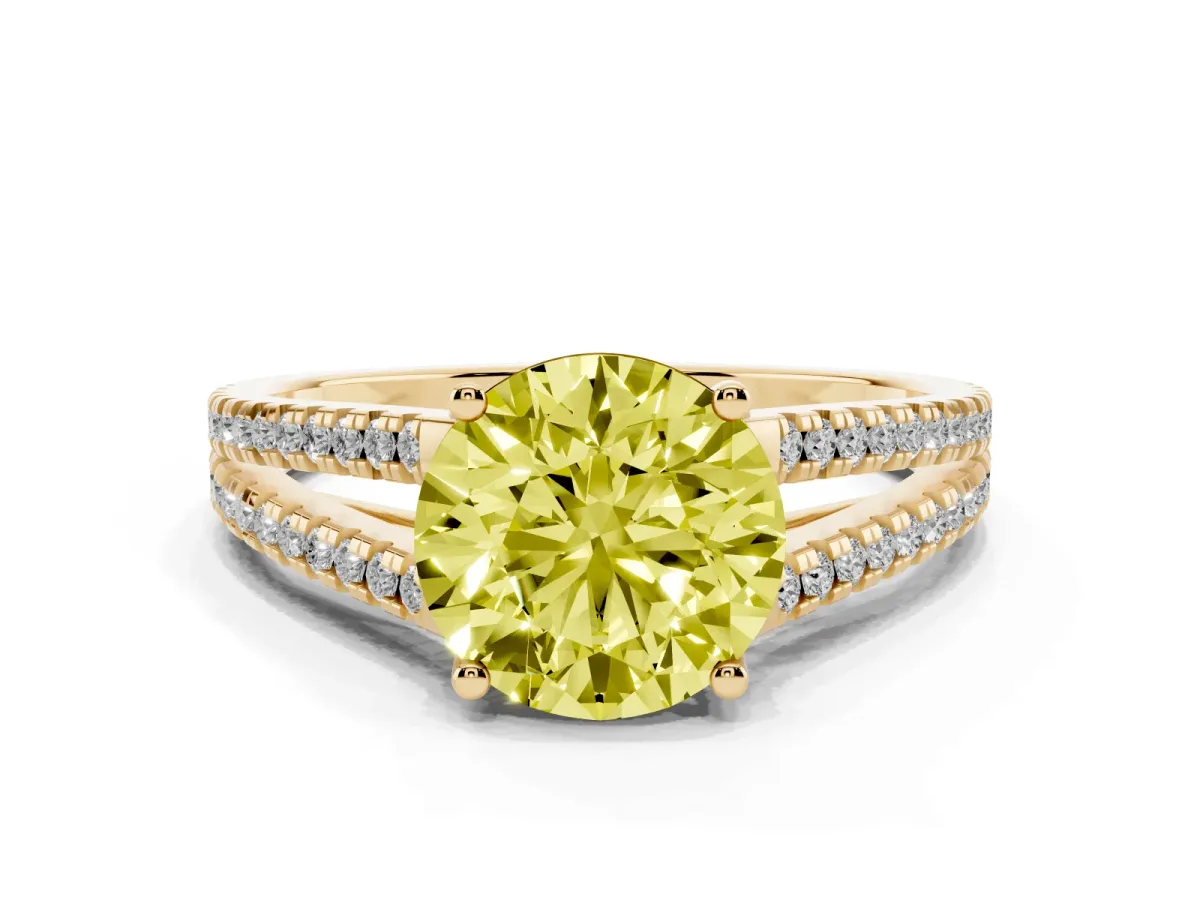 Fancy Yellow Round Cut Diamond Solitaire Engagement Ring with Split Shank Pavé Band Yellow gold