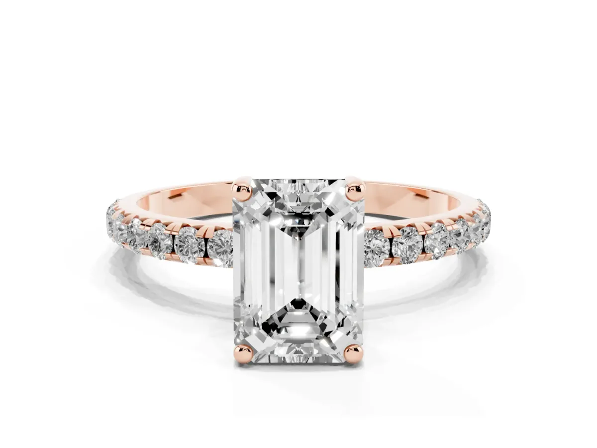 Emerald Cut Cut Diamond Solitaire Ring with Micro Pave Band and Four Prong Setting Rose gold