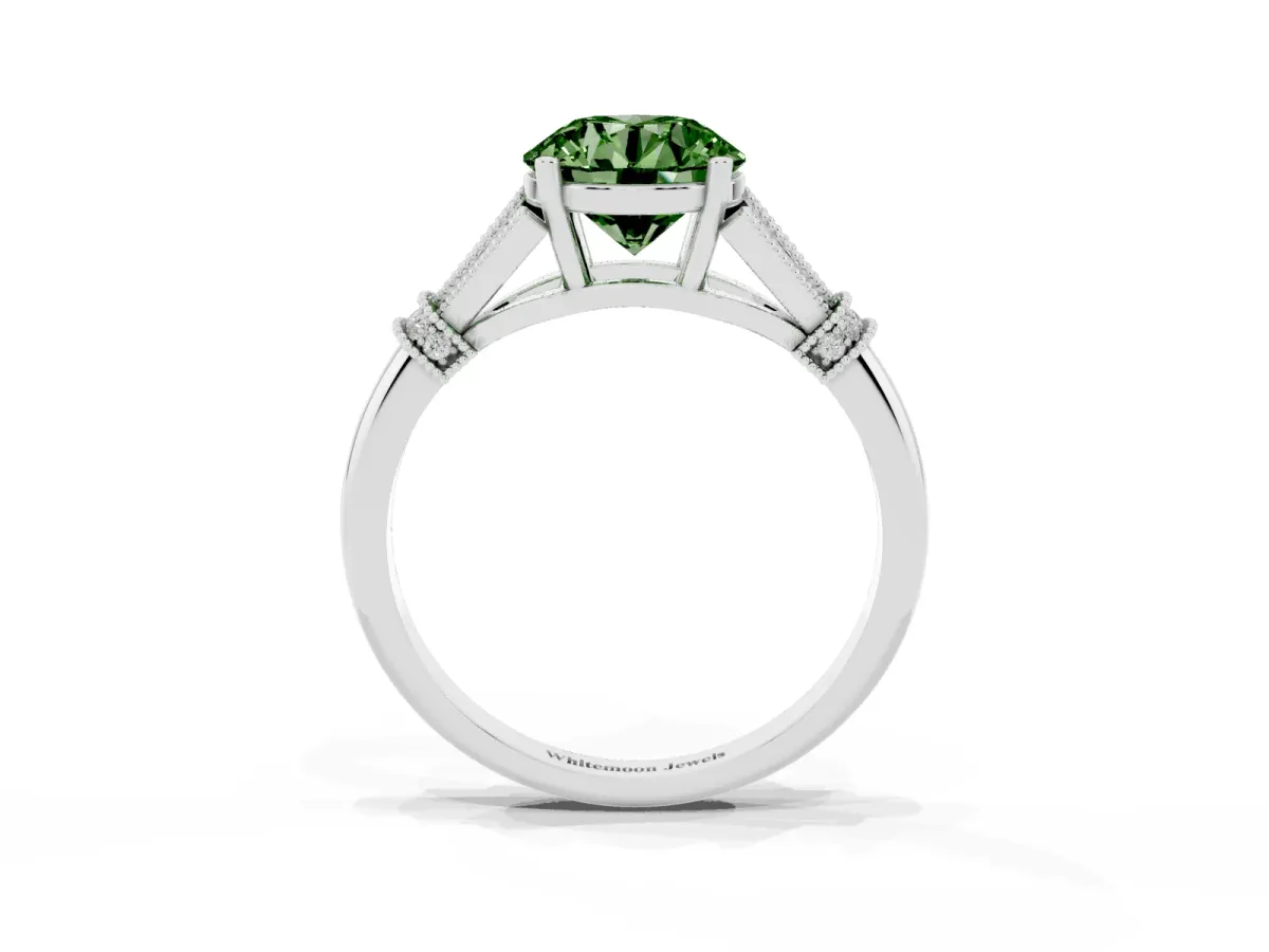 Fancy Green Round Cut Diamond Solitaire Ring with Floral Filigree and Pave Accents Platinum