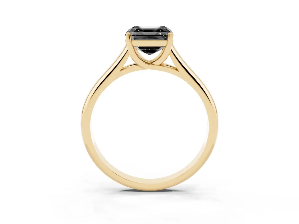 Fancy Black Asscher Cut Solitaire Engagement Ring with Tapered Band and Four-Prong Setting Yellow gold