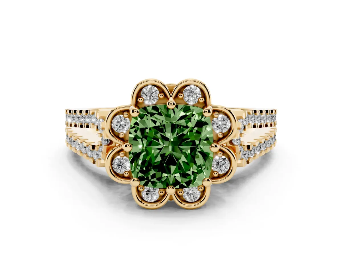 Fancy Green Cushion Cut Halo Diamond Floral Split Shank Engagement Ring Yellow gold
