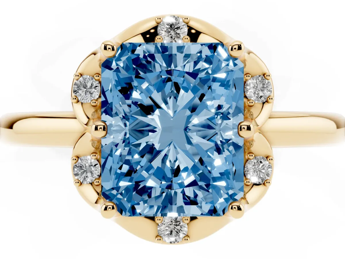 Fancy Blue Radiant Cut Halo Diamond Ring with Round Cluster Setting, Solitaire Band, and Four-Prong Setting Yellow gold