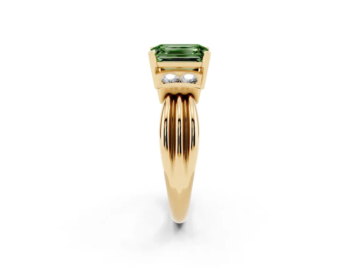 Fancy Green Emerald Cut Cut Three-Stone Channel Set Ring with Bar Prongs Yellow gold