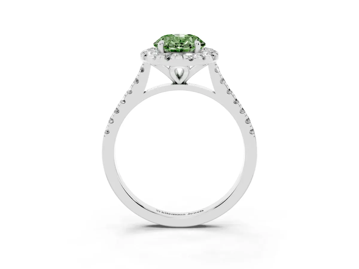 Fancy Green Oval Cut Diamond Cushion Halo Ring with Pavé Band Platinum