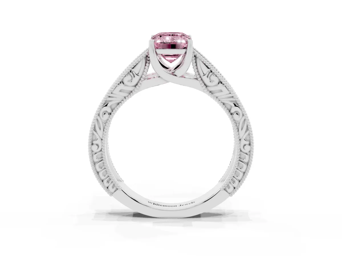 Fancy Pink Emerald Cut Diamond Solitaire Ring with Engraved Band and Four-Prong Setting Platinum