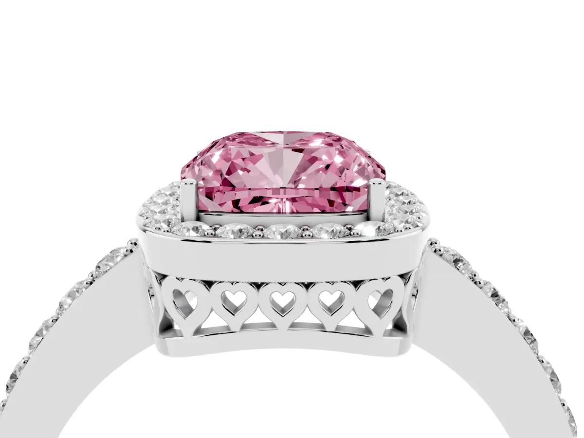 Fancy Pink Cushion Cut Halo Diamond Pavé Band Ring with Prong Setting Silver