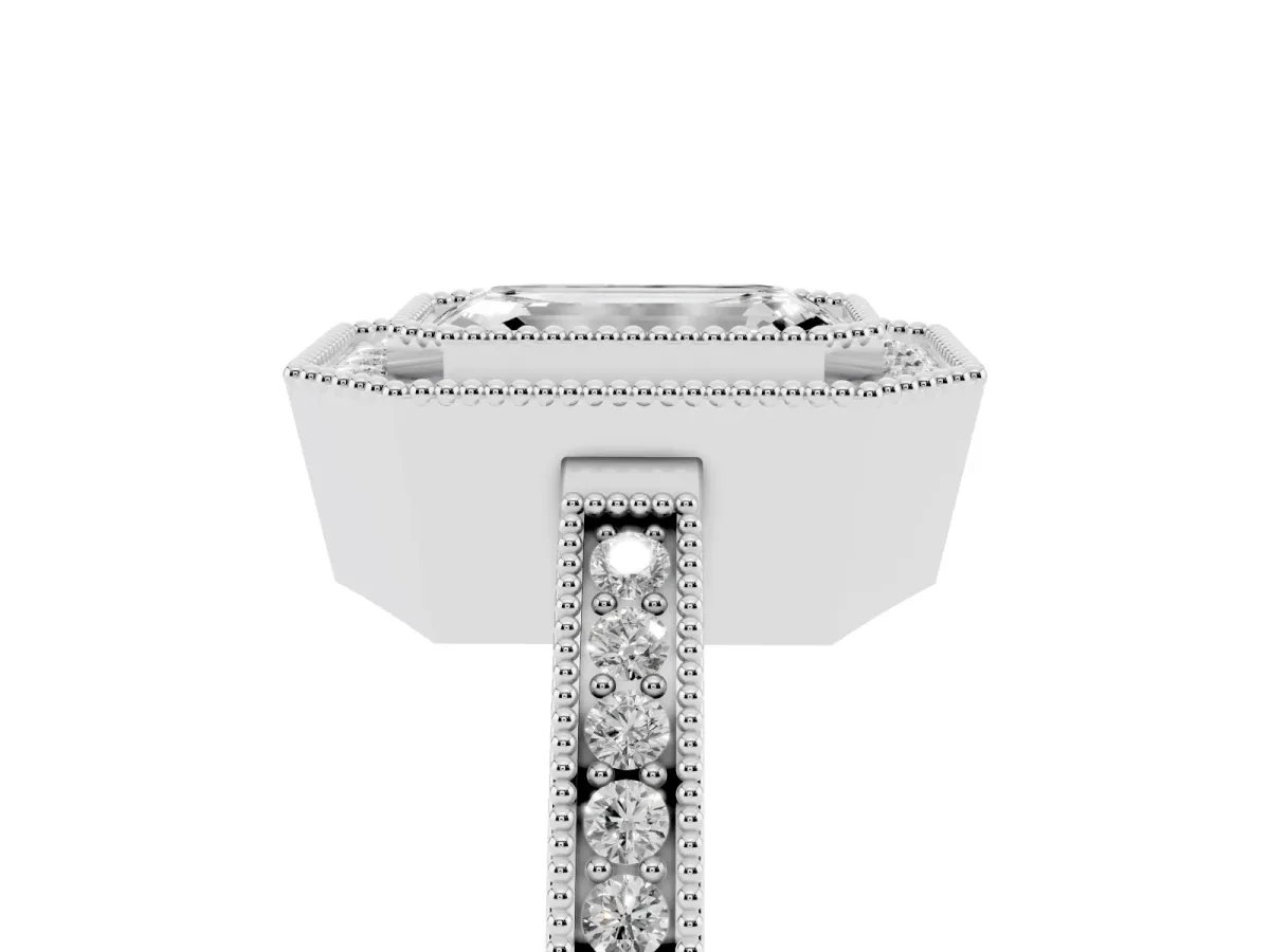 Emerald Cut Cut Halo Diamond Ring with Pavé Band and Milgrain Prong Setting Silver