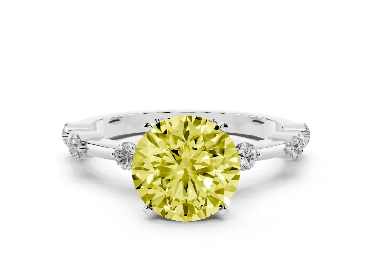 Fancy Yellow Round Cut Solitaire Diamond Ring with Bezel Set Side Stones and Prong Setting Silver