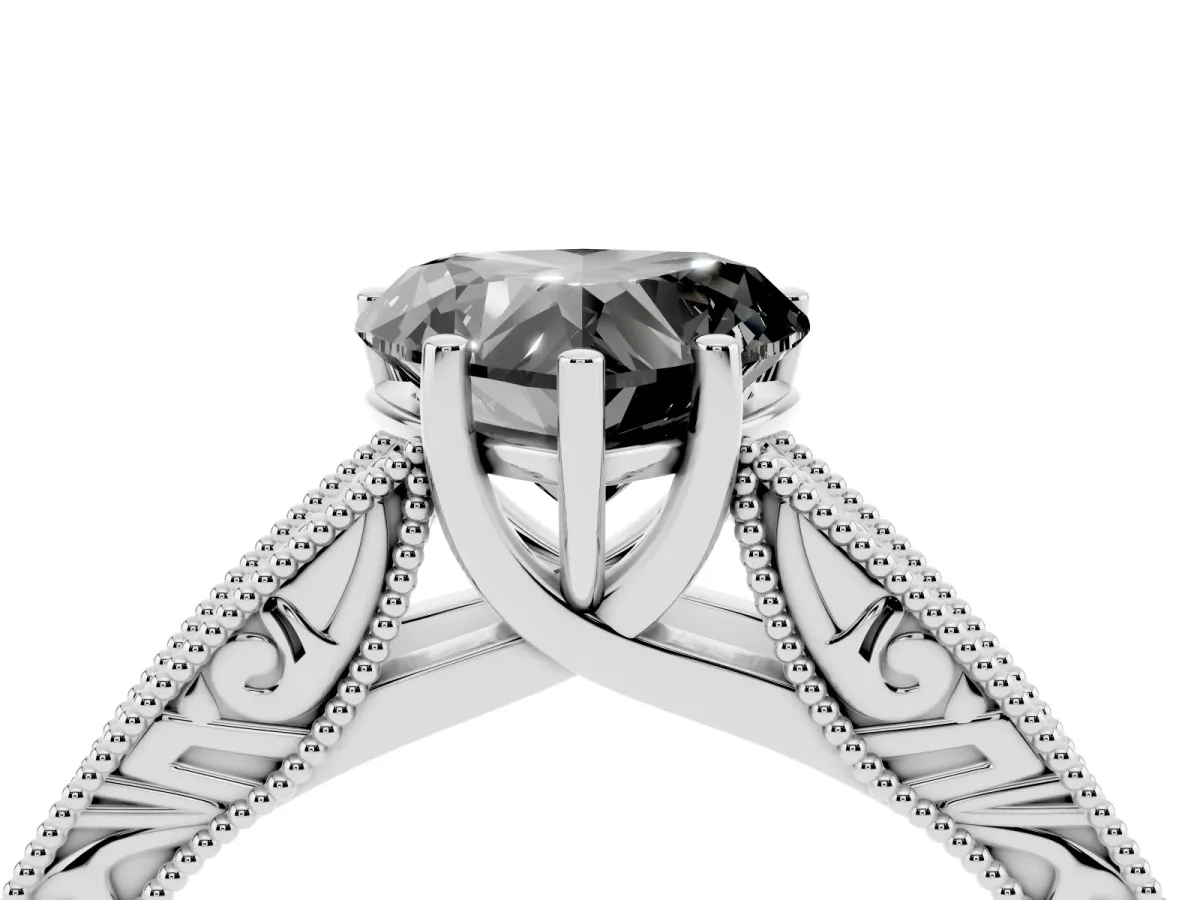 Fancy Black Heart Cut Diamond Solitaire Ring with Engraved Band and Four-Prong Setting Platinum
