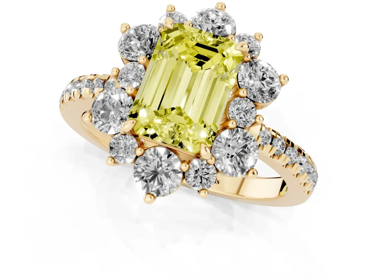 Fancy Yellow Emerald Cut Diamond Floral Halo Ring with Round Pavé Band and Prong Setting Yellow gold