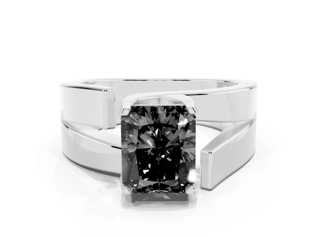 Fancy Black Modern Tension Set Radiant Cut Diamond Solitaire Wide Band Ring Silver