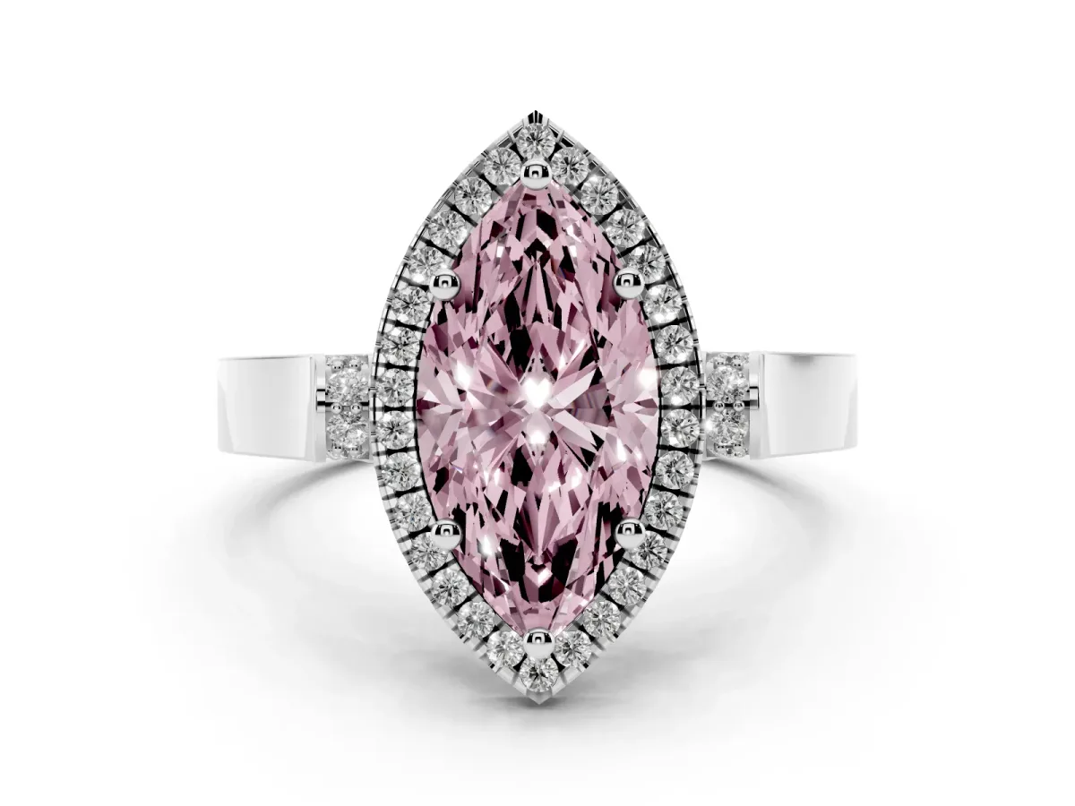 Fancy Pink Marquise Cut Halo Round Diamond Twist Band with Four-Prong Setting Silver