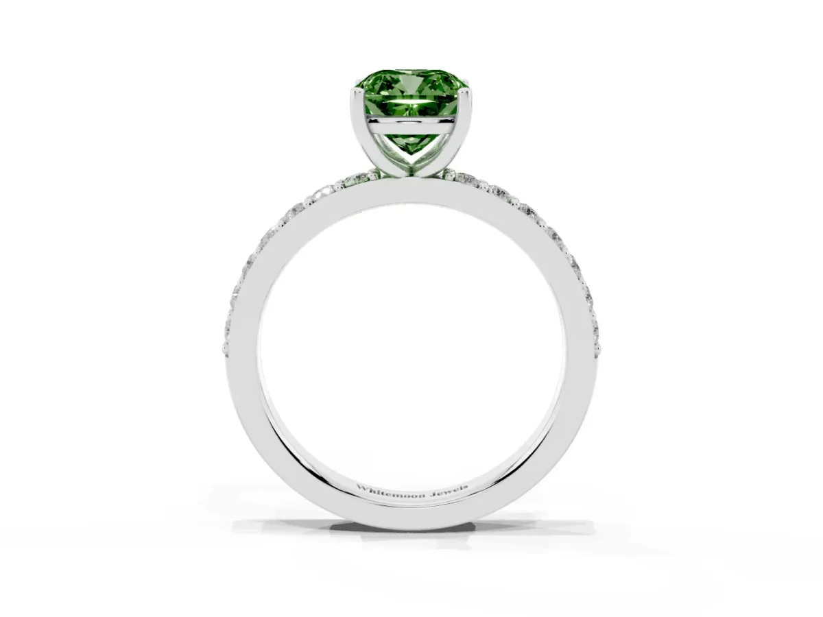 Fancy Green Cushion Cut Cut Diamond Solitaire with Pave Band and Four-Prong Setting Silver