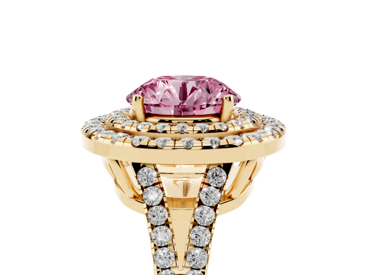 Fancy Pink Round Cut Diamond Double Halo Ring with Pavé Band and Prong Setting Yellow gold