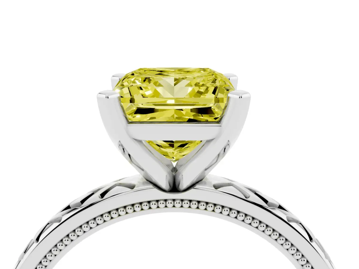 Fancy Yellow Princess Cut Solitaire Diamond Ring with Milgrain and Black Enamel X Pattern Band Silver