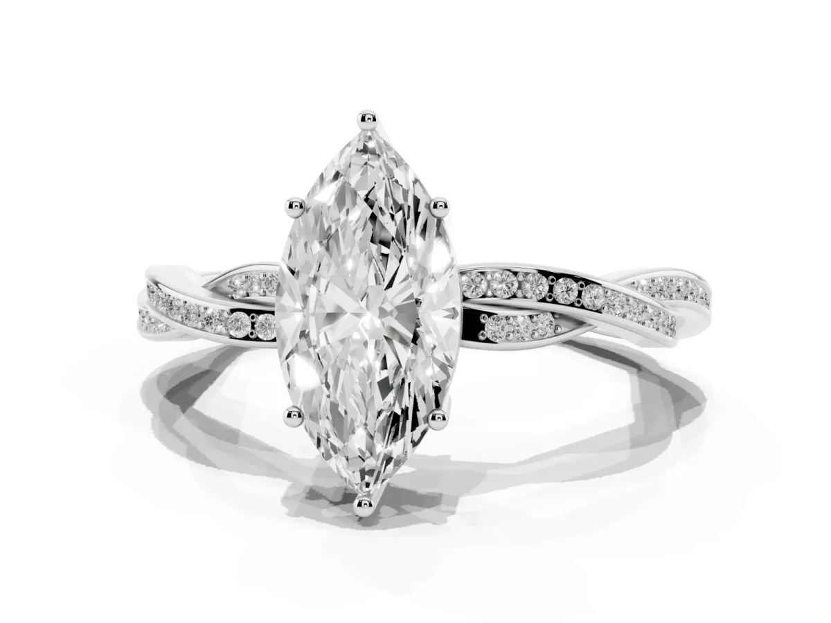 Marquise Cut Solitaire Twisted Pave Diamond Ring with Four-Prong Setting White gold