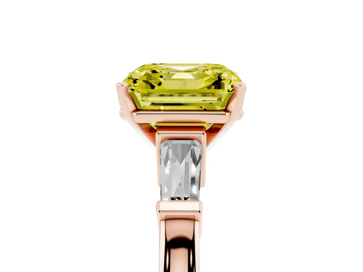 Fancy Yellow Asscher Cut Cut Diamond Solitaire Ring with Tapered Baguette Accents and Four-Prong Setting Rose gold