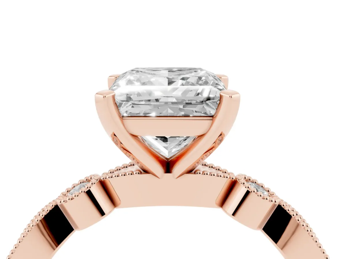 Princess Cut Milgrain Bezel Diamond Engagement Ring with Solitaire Prong Setting Rose gold