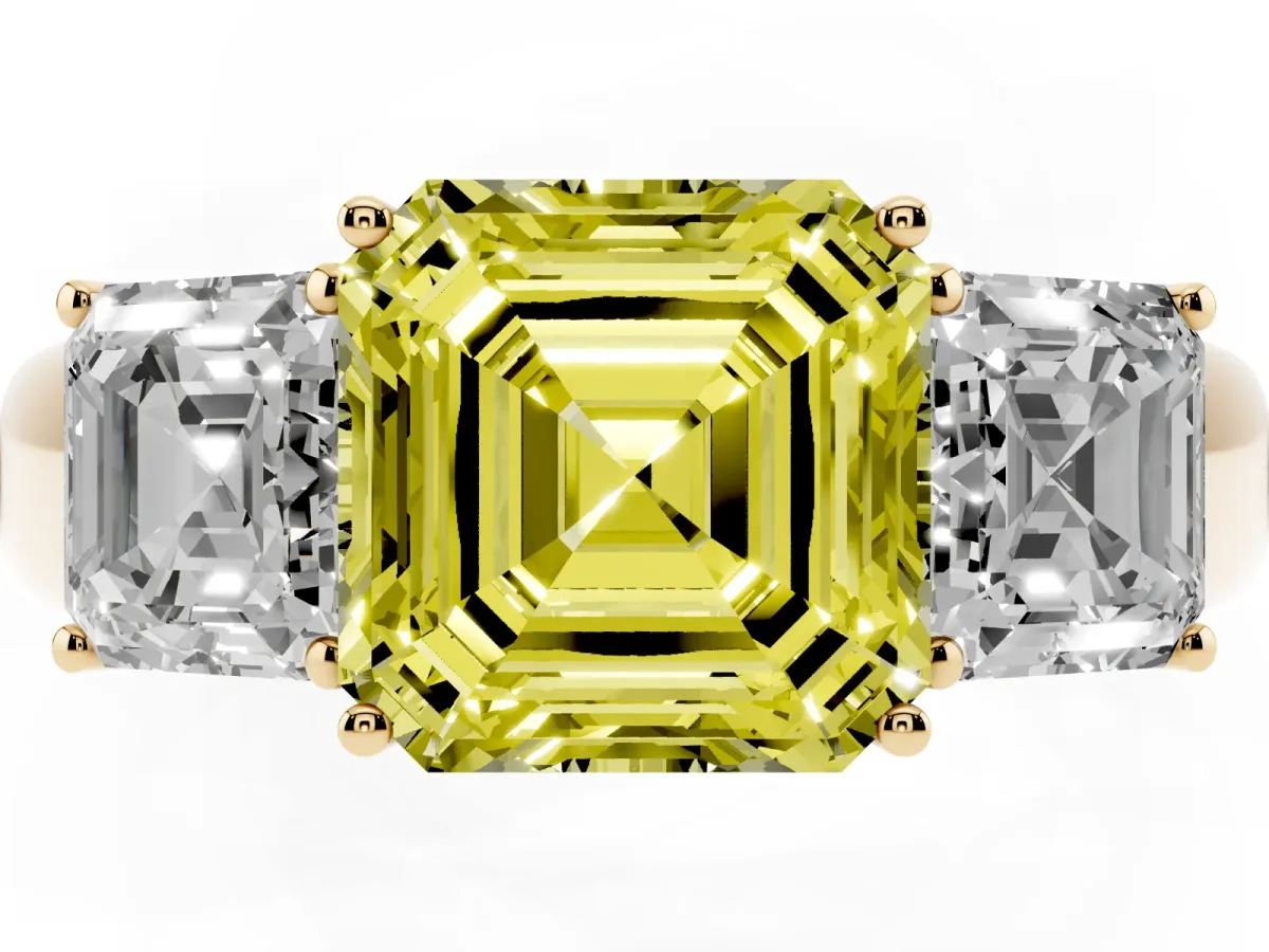 Fancy Yellow Three-Stone Asscher Cut Cut Diamond Ring with Prong Setting and Classic Band Yellow gold