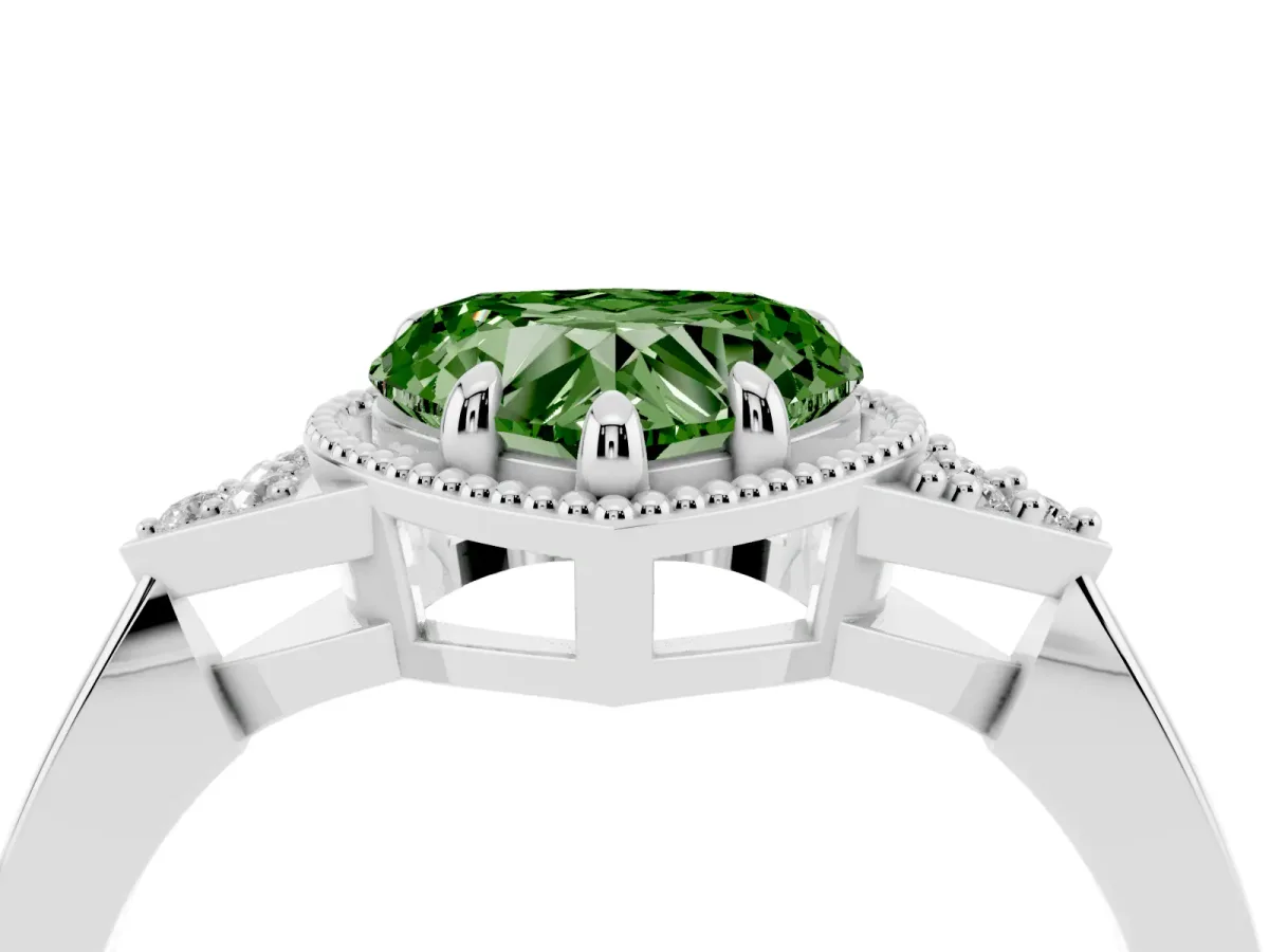 Fancy Green Milgrain Heart Cut Cut Diamond Ring with Tapered Pave Band and Four Prong Setting Platinum