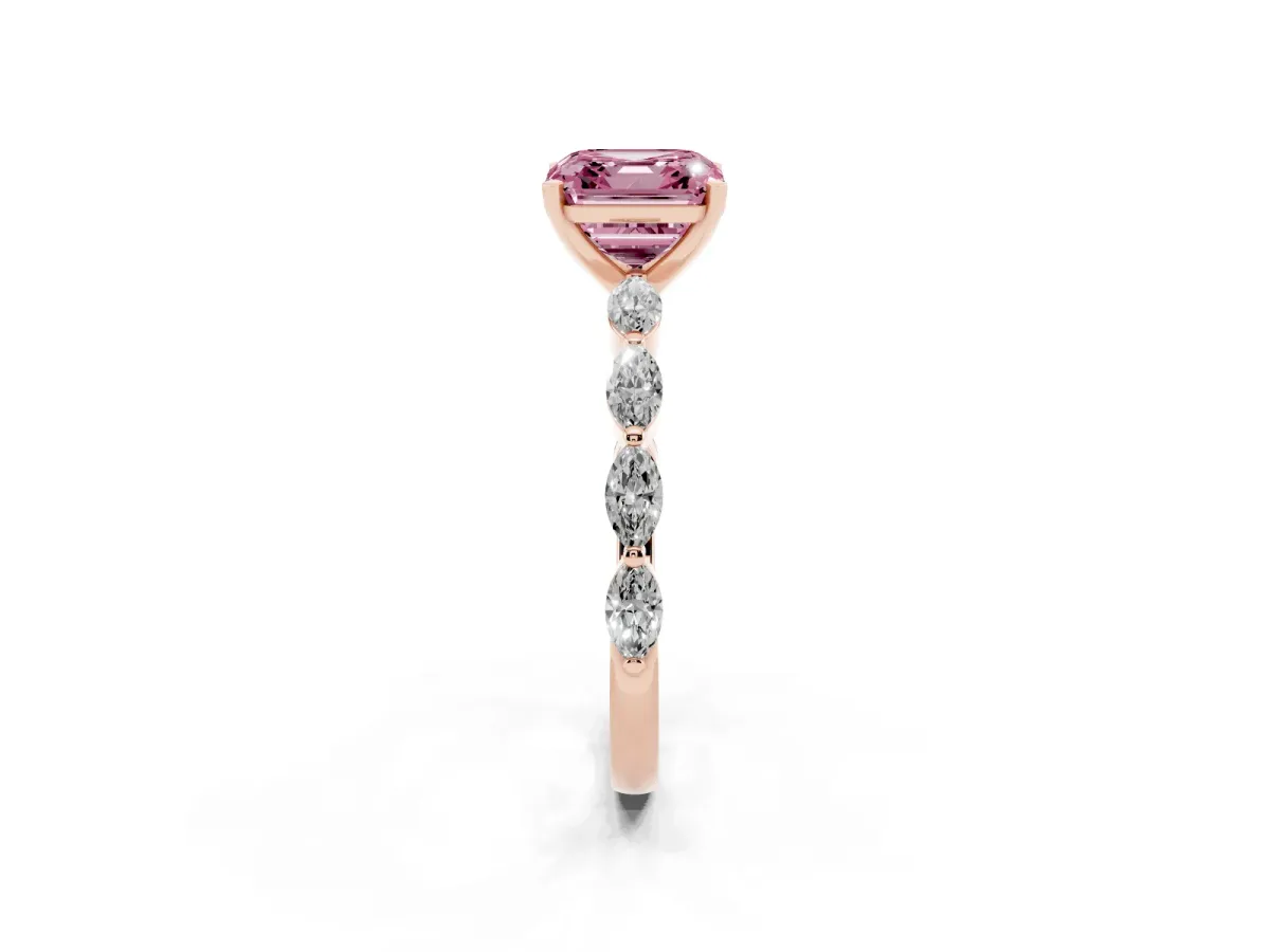 Fancy Pink Asscher Cut Diamond Ring with Marquise Side Stones and Prong Setting Rose gold