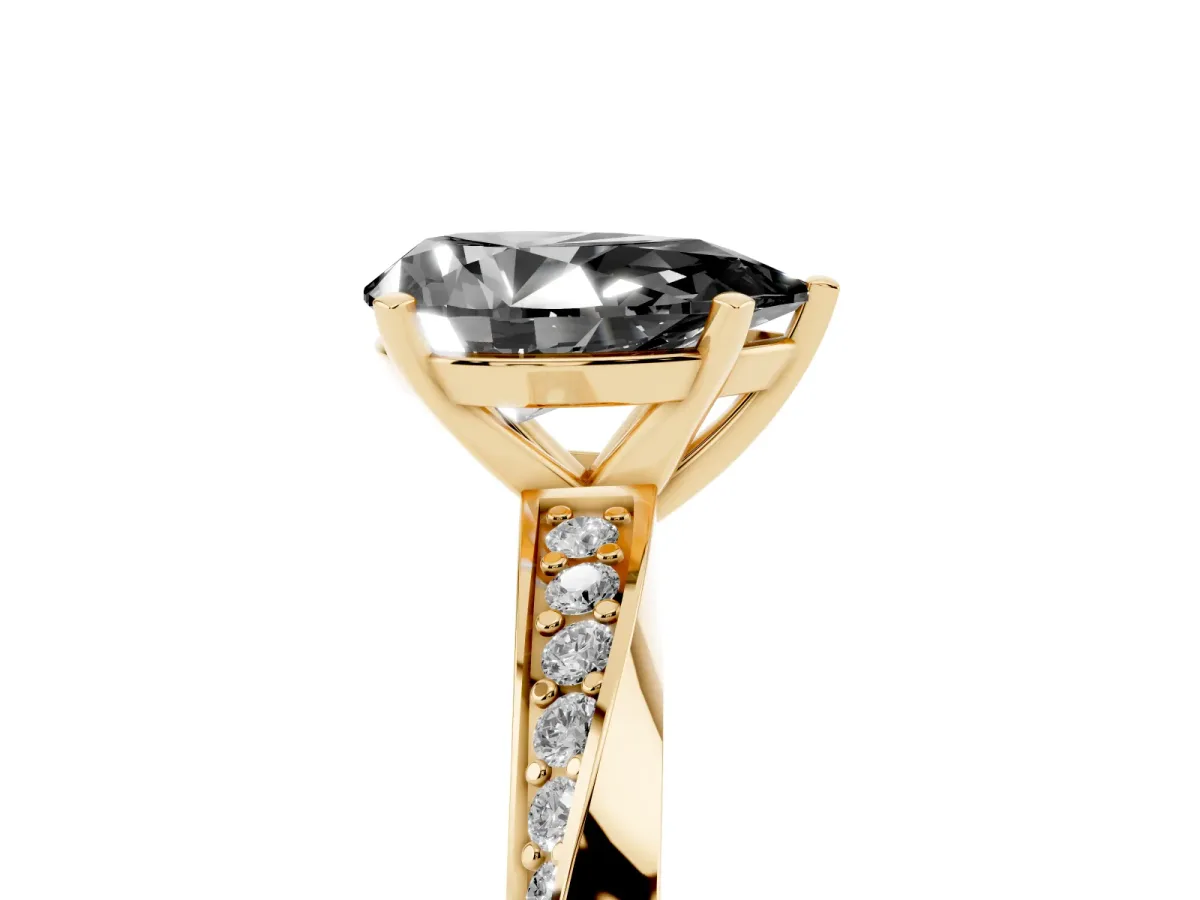 Fancy Black Pear Cut Diamond Engagement Ring with Side Stone Accents and Four-Prong Setting Yellow gold