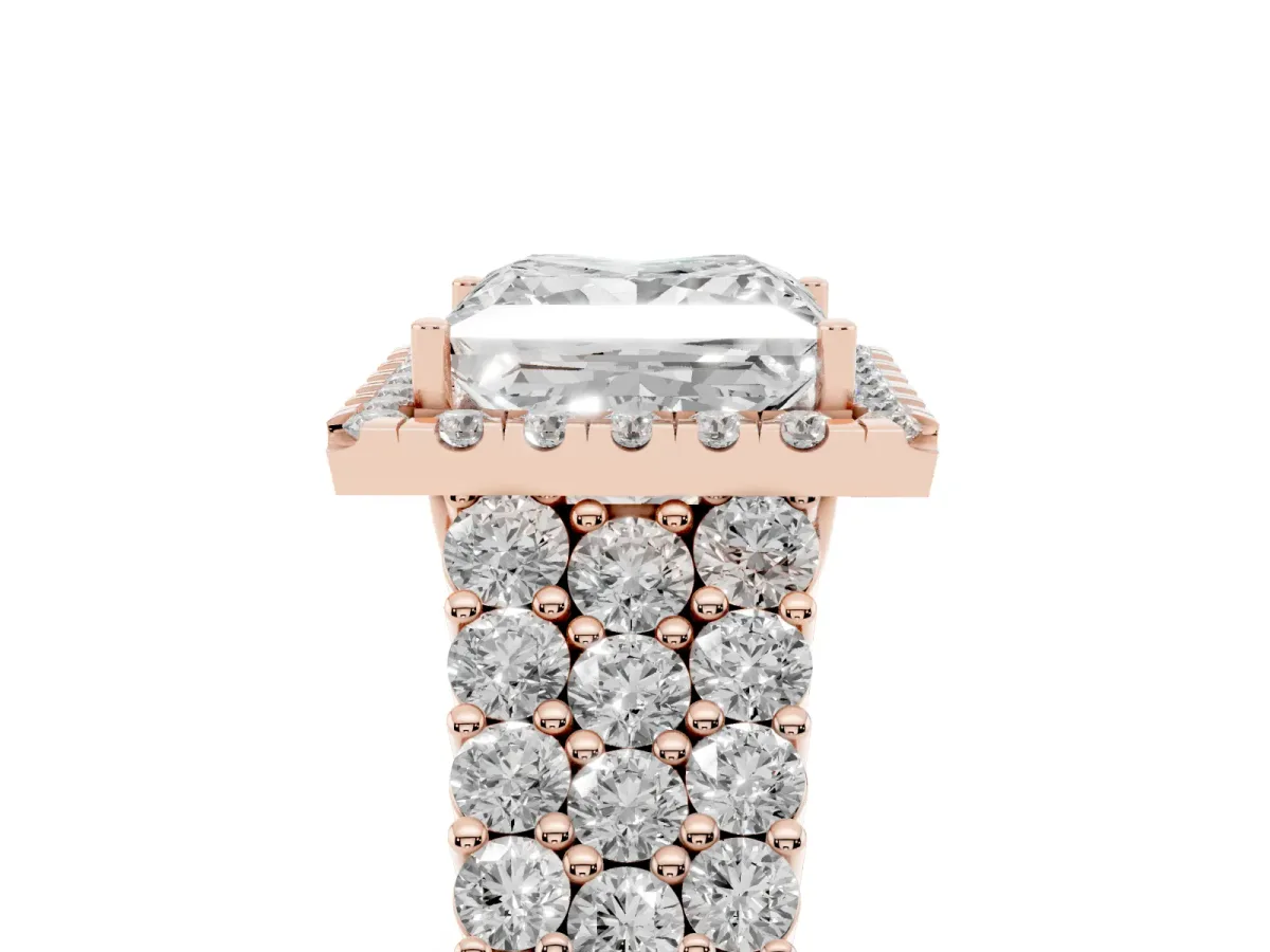 Princess Cut Diamond Halo Engagement Ring with Triple Row Round Pavé Band and Prong Setting Rose gold