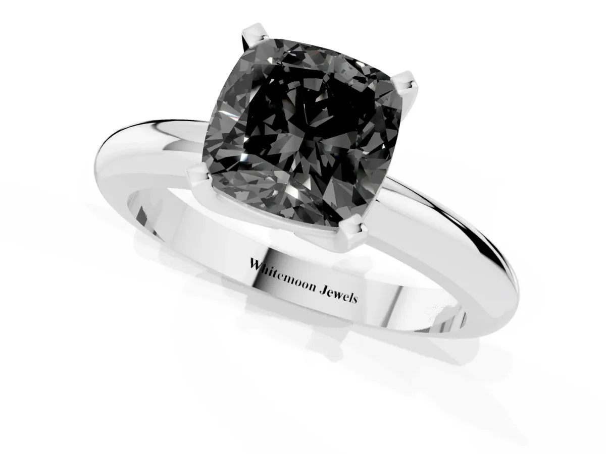 Fancy Black Cushion Cut Diamond Solitaire Engagement Ring with Round Band and Four-Prong Setting Platinum