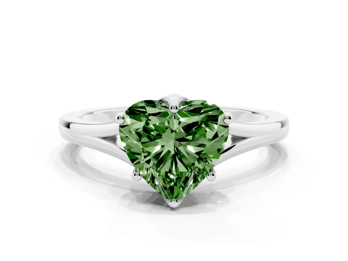 Fancy Green Heart Cut Solitaire Diamond Ring with Six-Prong Setting and Tapered Band Platinum