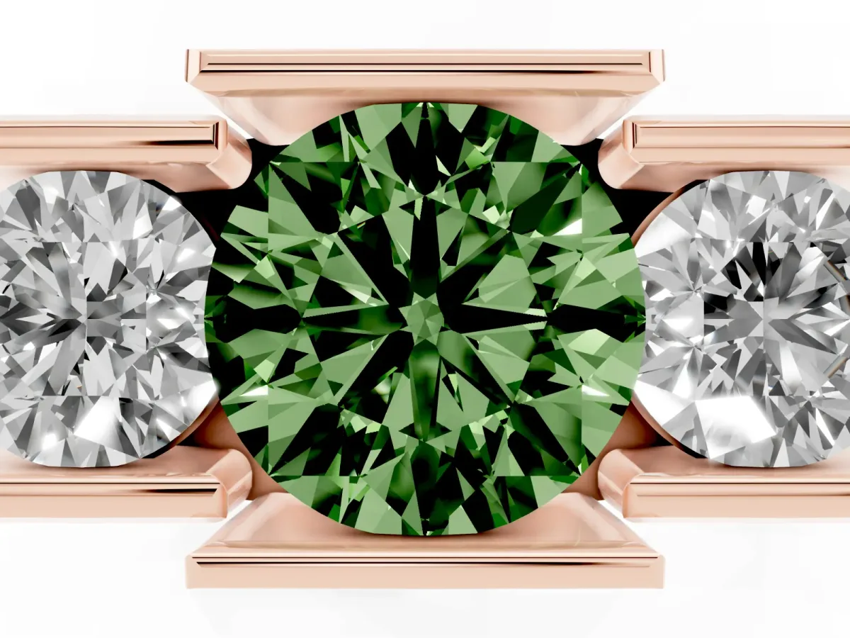 Fancy Green Three Stone Round Cut Cut Channel Set Diamond Ring Rose gold